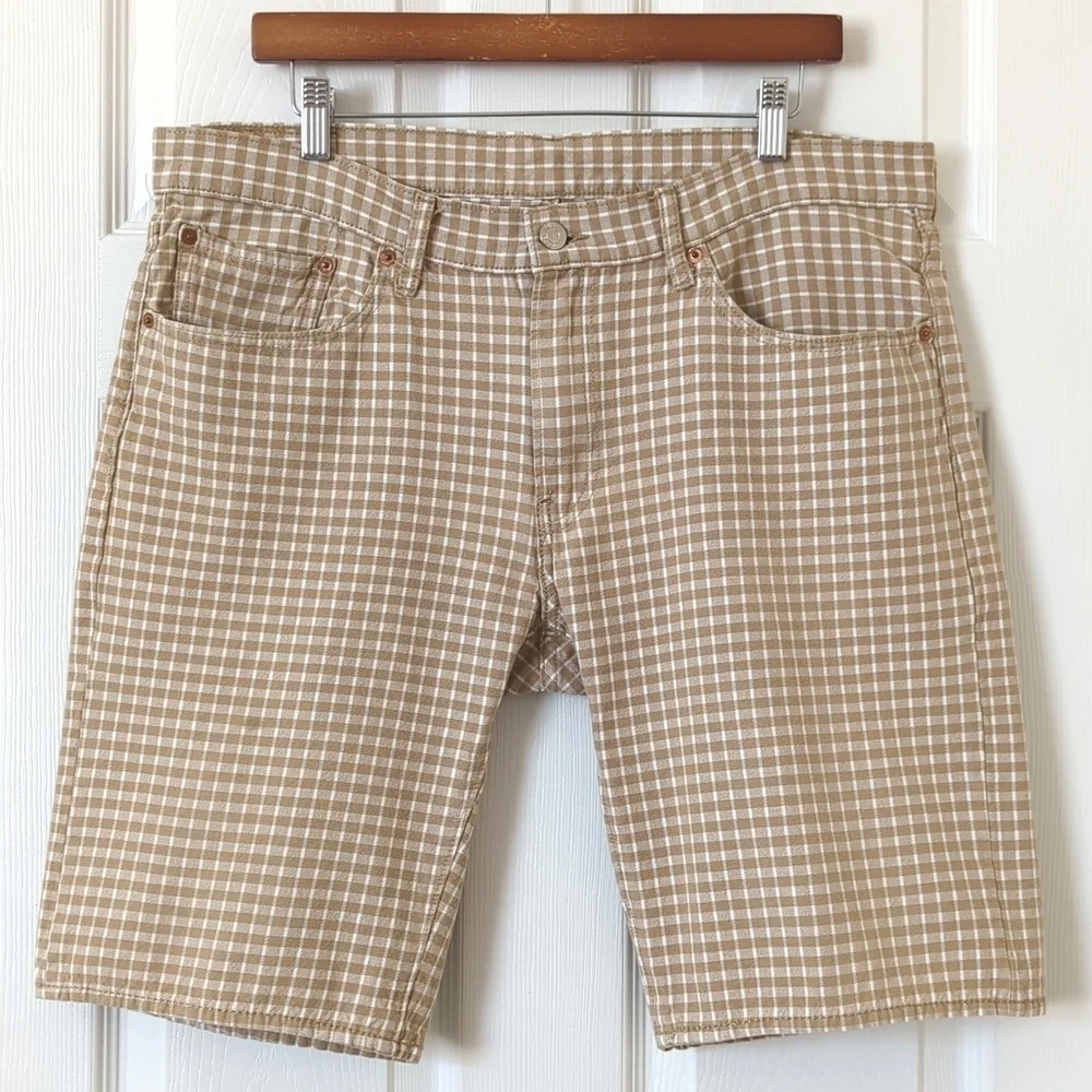 Levi's 504 Classic Checkered Plaid Regular Fit Jean Shorts Tan Brown White 38